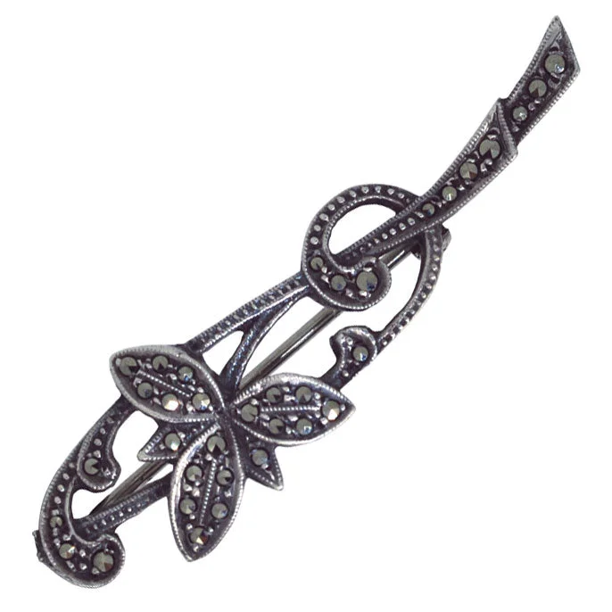 Brooch with emerald-Marcasite Flower Bar Brooch