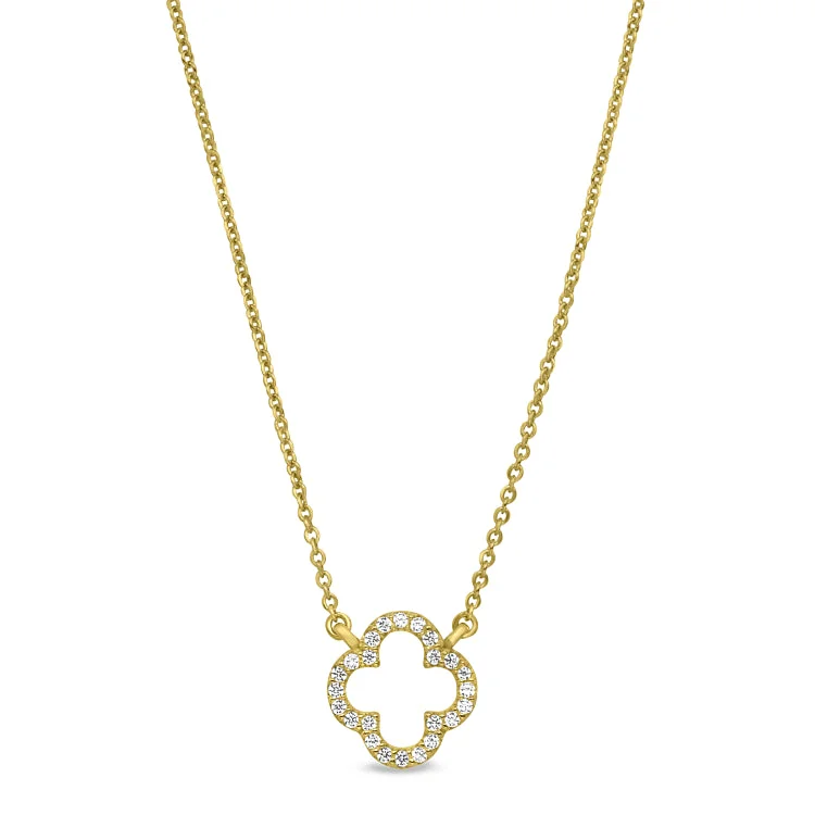 Celebrity Inspired Necklaces-Gold Finish Sterling Silver Micropave Open Clover Necklace with Simulated Diamonds on 16"-18" Adjustable Chain