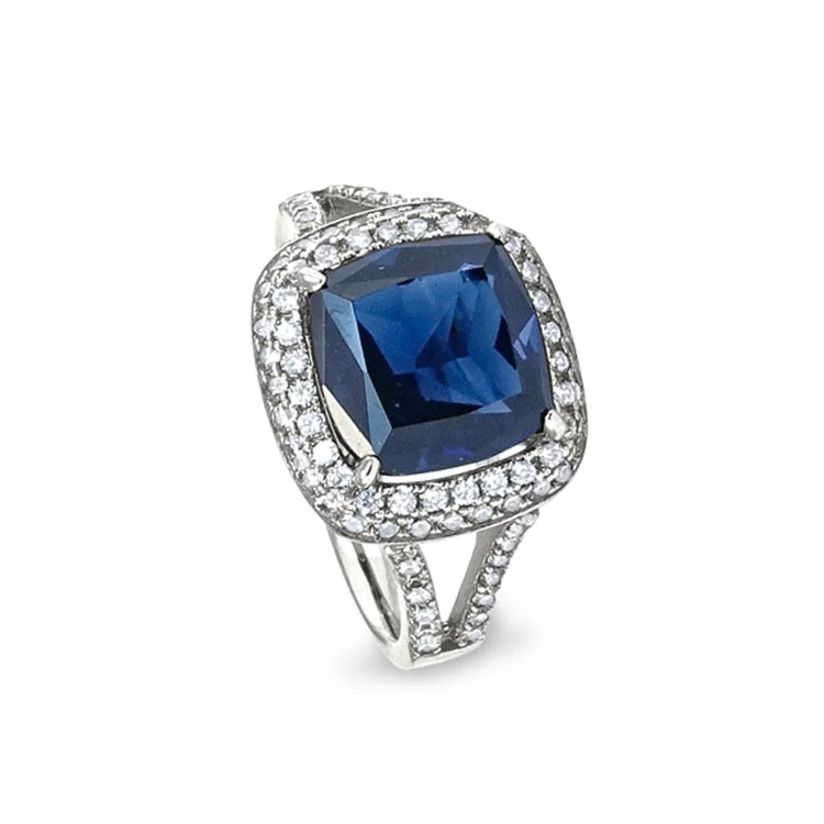 DiamondRings-Platinum Finish Sterling Silver Micropave Emerald Cut Ring with Synthetic Blue Sapphire and Simulated Diamonds