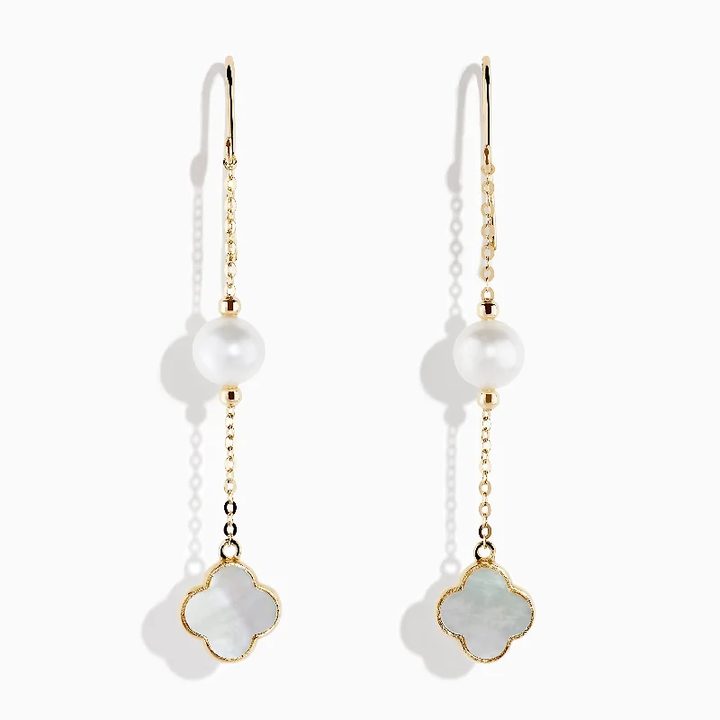 Stylish Drop Earrings-Wood Earrings-14K Yellow Gold Mother of Pearl and Cultured Pearl Earrings