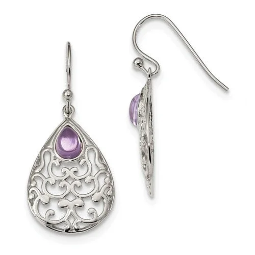 Round Drop Earrings-Nature-Inspired Earrings-Sterling Silver Amethyst Teardrop Filigree Shepherd Hook Earrings