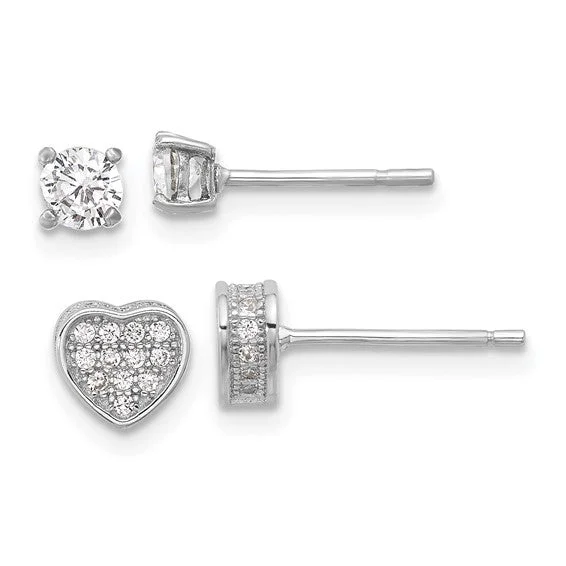 Small Drop Earrings-Chunky Hoop Earrings-Sterling Silver Pavé CZ Heart & 4mm CZ Stud Post Earrings Set