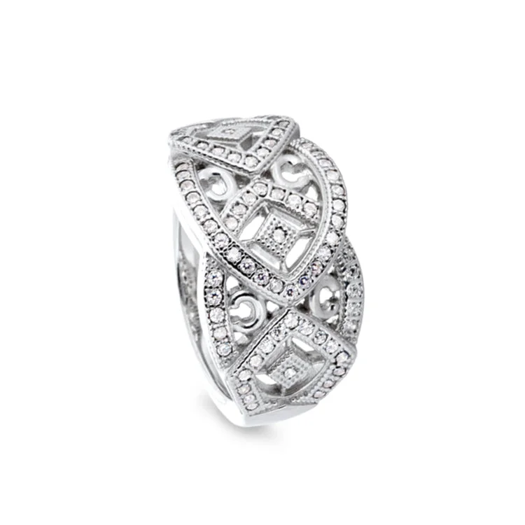 TanzaniteRings-Platinum Finish Sterling Silver Micropave Art Deco Ring with 73 Simulated Diamonds