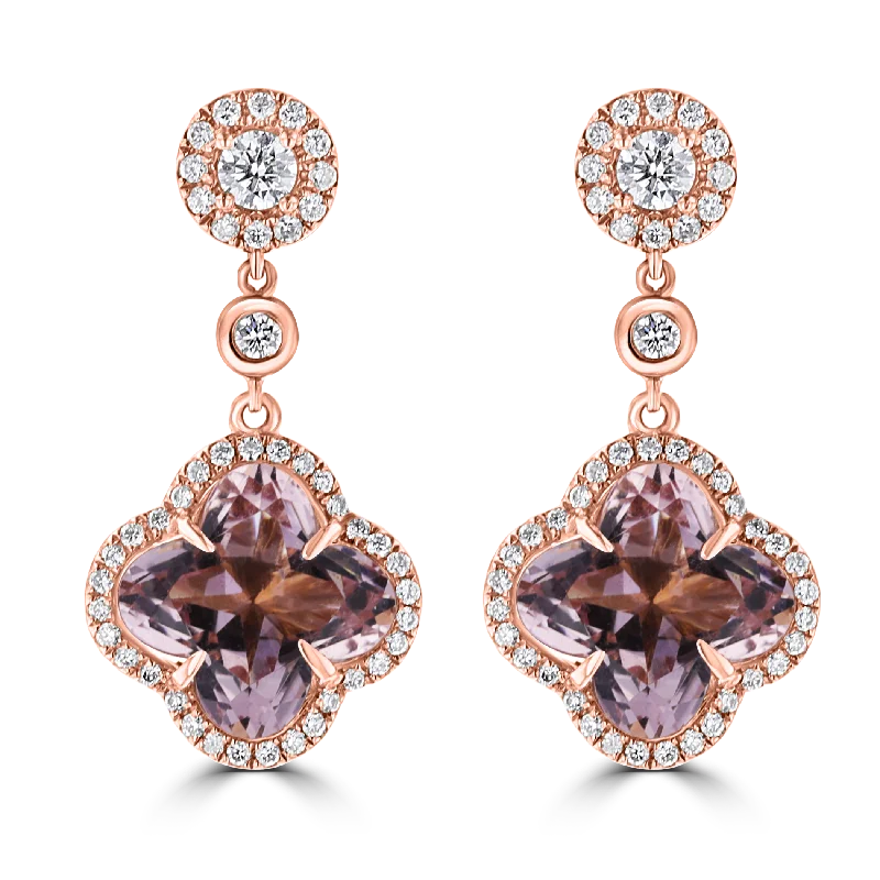 Simple Crystal Earrings-Gold Plated Drop Earrings-18KT ROSE GOLD  8.20 CTW MORGANITE & 0.95 CTW DIAMOND DROP EARRINGS