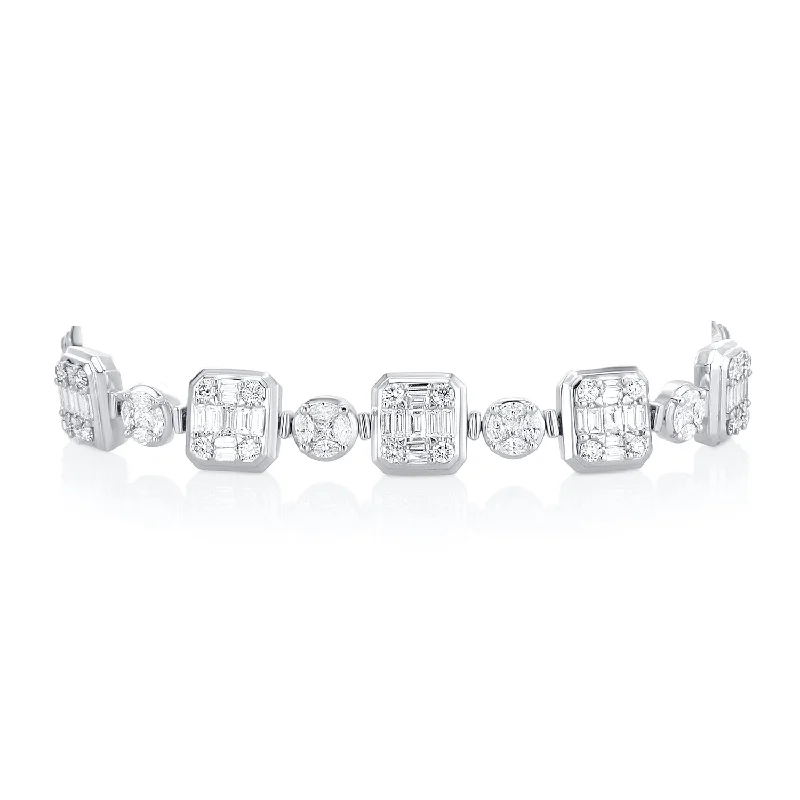 BeadedBracelets-6.85 Carat  Square & Round Natural Diamond Cluster Bracelet in 18K White Gold