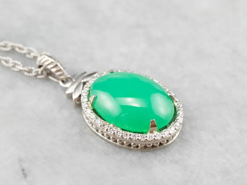 Personalized Couple’s Necklaces-Chrysoprase Diamond Halo White Gold Pendant Necklace