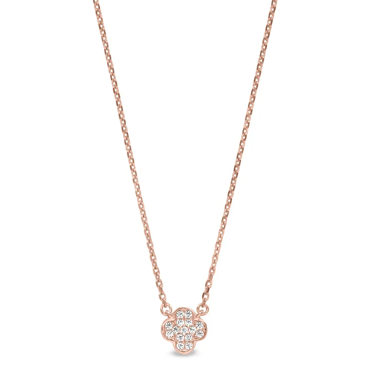 Fine Silver Necklaces for Women-Rose Gold Finish Sterling Silver Micropave Small Clover Shape Necklace with Simulated Diamonds on 16"-18" Adjustable Chain