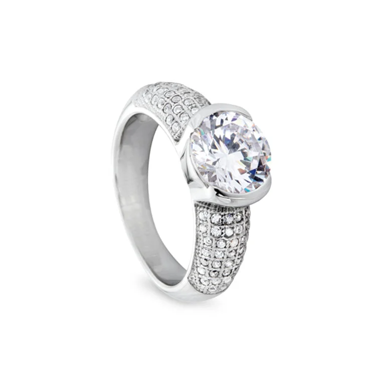 EngagementRings-Platinum Finish Sterling Silver Micropave Round Ring with 77 Simulated Diamonds