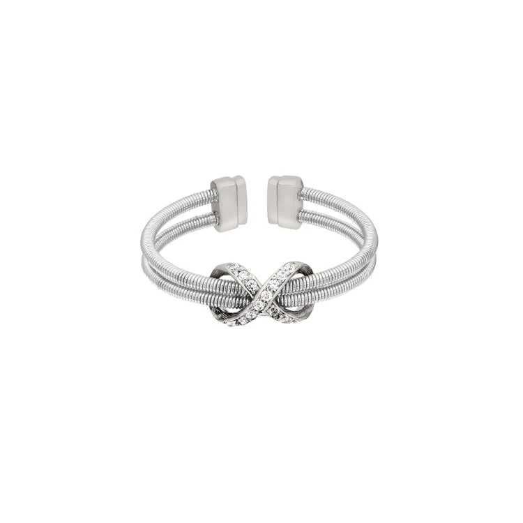 JungleRings-Rhodium Finish Sterling Silver Two Cable Cuff Ring with Rhodium Finish Simulated Diamond Infinity