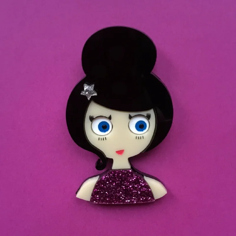 Custom brooch-SOFIA Acrylic Brooch, pink glitter dress and silver star hair clip