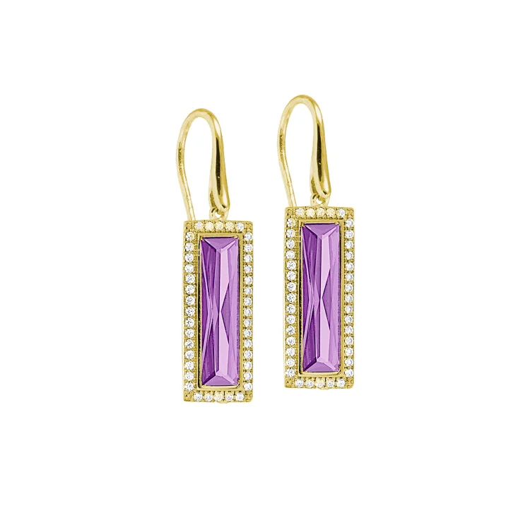 Wedding Drop Earrings-Crystal Hoop Earrings-Gold Finish Sterling Silver Earrings with Rectangular Simulated Light Amethyst Stones and Simulated Diamonds