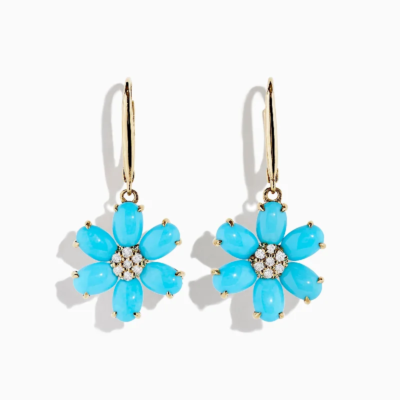 Long Earrings-Diamond Drop Earrings-14K Yellow Gold Turquoise and Diamond Flower Earrings, 4.83 TCW