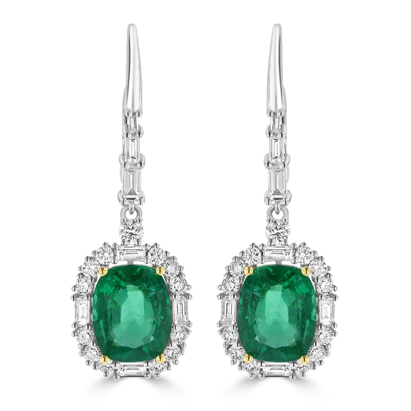 Flower Drop Earrings-Chain Earrings-JULEVE 18KT WHITE GOLD 5.19 CTW EMERALD & 1.50 CTW DIAMOND HALO DROP EARRINGS