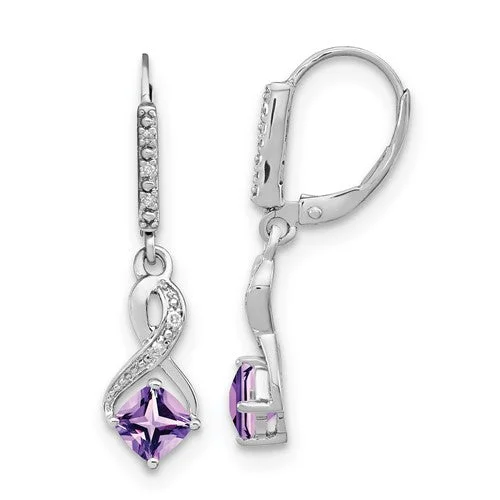 Hot Pink Drop Earrings-Artistic Earrings-Sterling Silver Amethyst and Diamond LeverBack Earrings