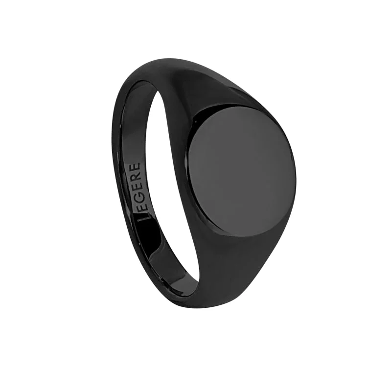 BeeRings-Black IP Finish Stainless Steel Round Signet Ring  - Size 12