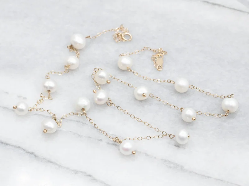 Gold Statement Necklaces-Freshwater Pearl Station Necklace