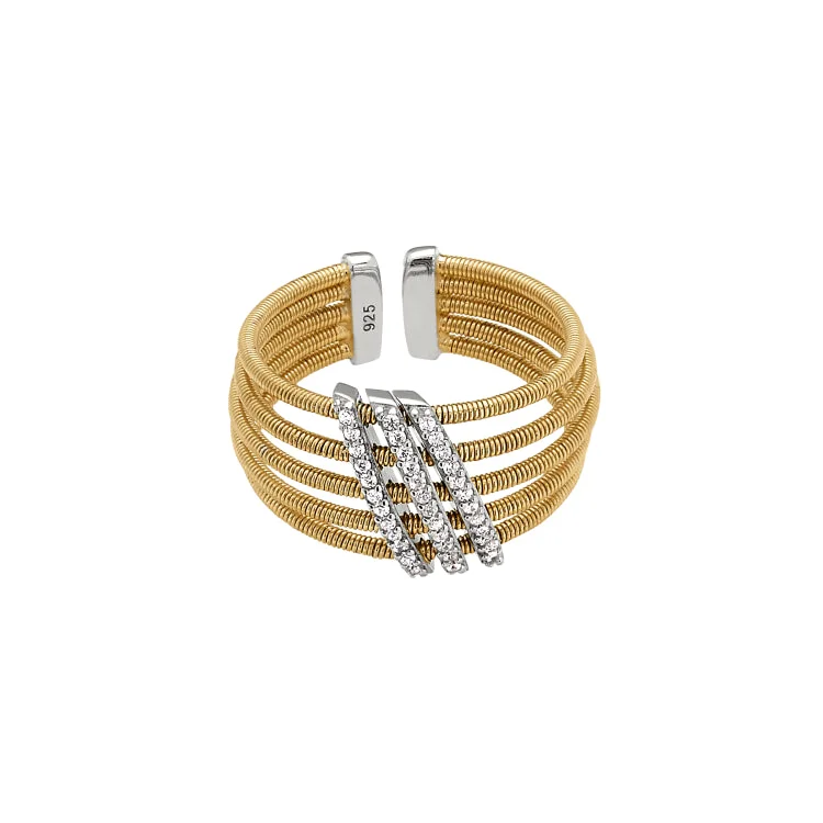 BirthstoneRings-Gold Finish Sterling Silver Multi Cable Cuff Ring with Rhodium Finish Simulated Diamond Three Diagonal Bars