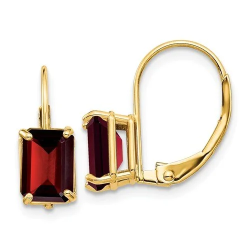 Animal Earrings-Modern Drop Earrings-14KT YELLOW GOLD 2.50 CTW EMERALD CUT GARNET LEVERBACK EARRINGS