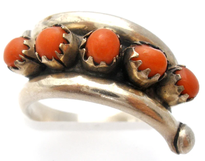 SeniorRings-Red Coral Petit Point Ring Sterling Silver Vintage