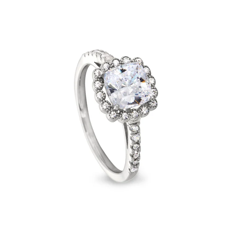 MandalaRings-Platinum Finish Sterling Silver Cushion Cut Ring with 28 Simulated Diamonds