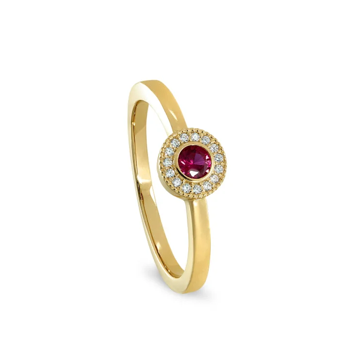 PlatinumRings-Gold Finish Sterling Silver Micropave Round Simulated Ruby Ring with Simulated Diamonds Size 8