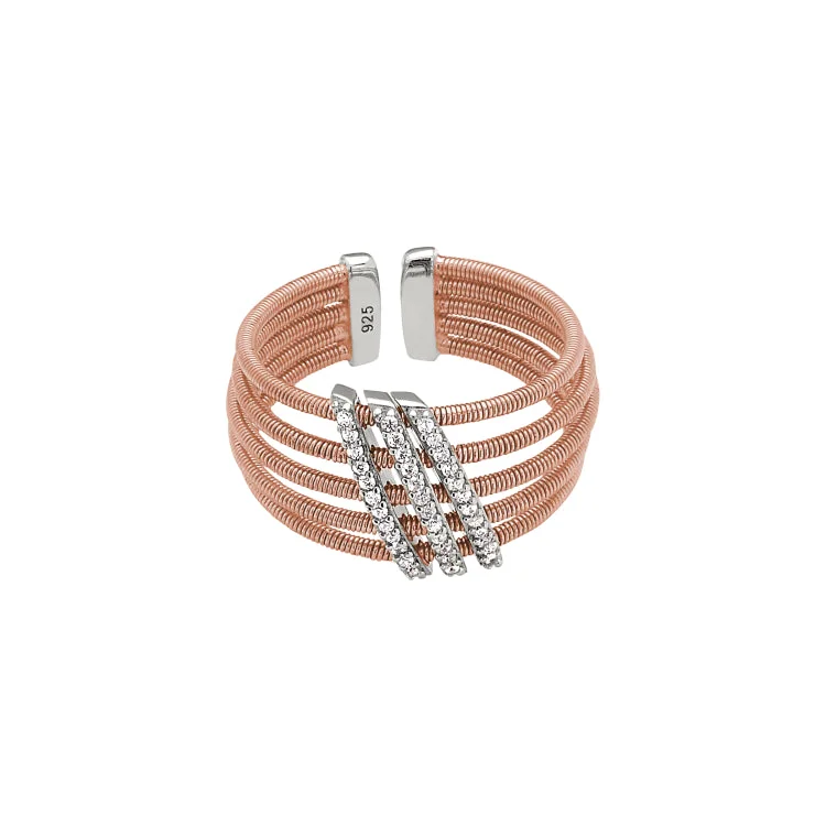 BirdRings-Rose Gold Finish Sterling Silver Multi Cable Cuff Ring with Rhodium Finish Simulated Diamond Three Diagonal Bars