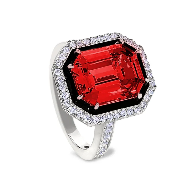 PearlRings-Platinum Finish Sterling Silver Micropave Black Enamel & Simulated Ruby Octagon Ring with Simulated Diamonds - Size 5