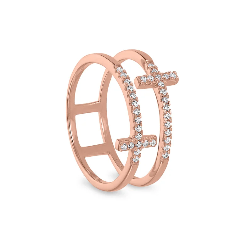 NameRings-Rose Gold Finish Sterling Silver Micropave Double Cross Ring with Simulated Diamonds