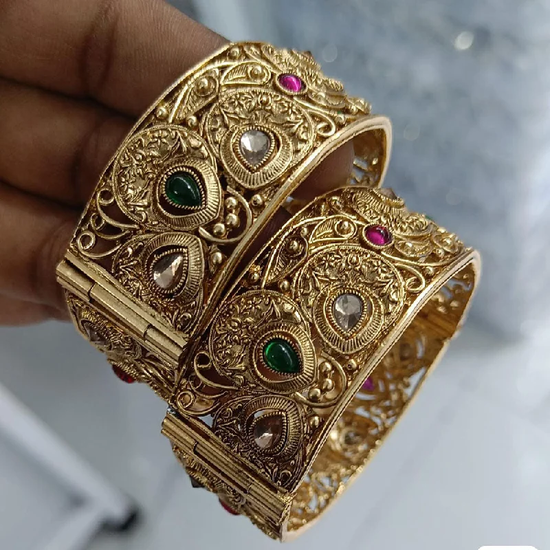 Silver Bangles For Everyday Wear-Rani Sati Jewels Gold Plated Pota Stone Openable Bangles Set