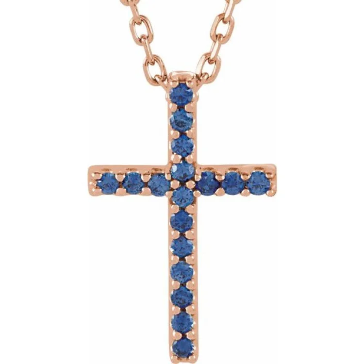 Vintage Boho Necklaces-14K Rose Natural Blue Sapphire Petite Cross 16" Necklace