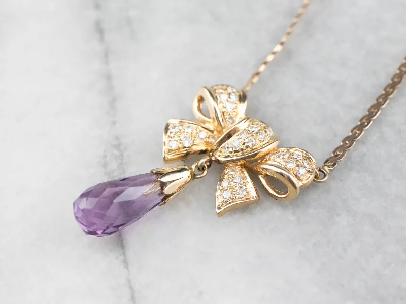 Infinity Necklaces for Couples-Gold Bow Amethyst and Diamond Necklace