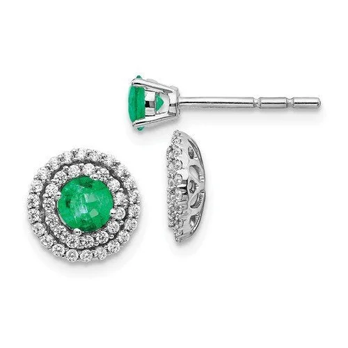 Fashion Drop Earrings-Birthday Drop Earrings-14KT WHITE GOLD .50 CTW EMERALD & .37 CTW DIAMOND HALO EARRINGS