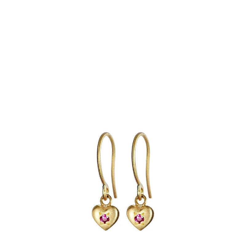 Stud Earrings-Soft Earrings-18K Gold Heart Drop Earrings with Rubies