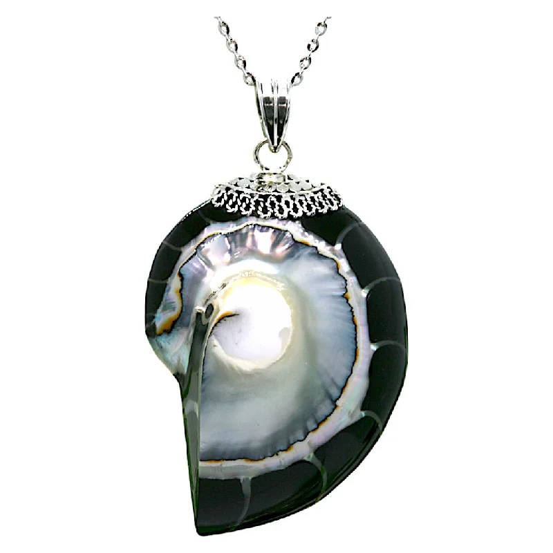 Modern Silver Necklaces-Nautilus Natural Black Pearl Shell Necklace