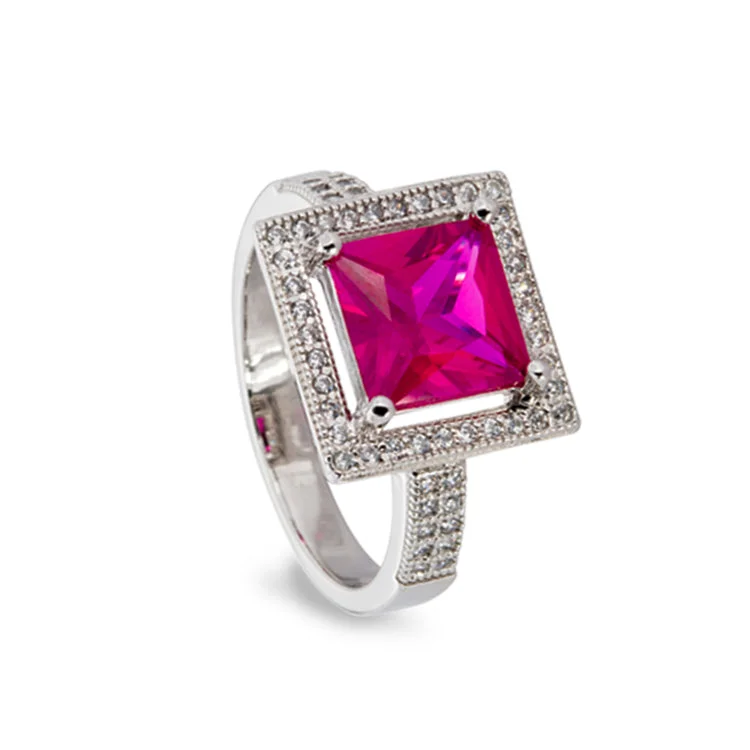 InfinityRings-Platinum Finish Sterling Silver Micropave Simulated Ruby Princess Cut Ring with 57 Simulated Diamonds