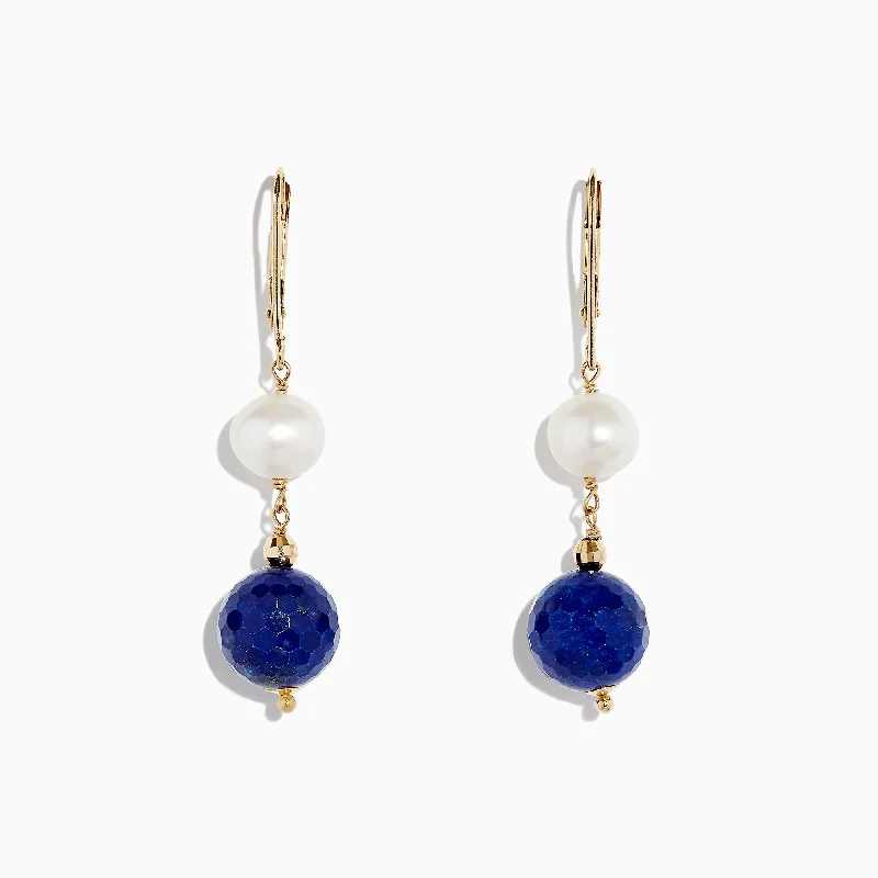 Pure Silver Earrings-Everyday Earrings-14K Yellow Gold Lapis Lazuli & Cultured Fresh Water Pearl Drop Earrings, 1.50 TCW