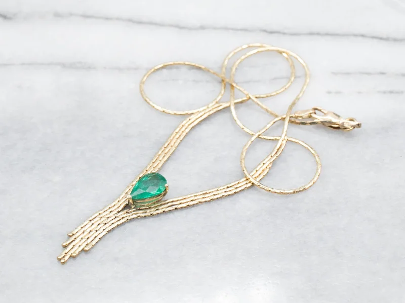 Gold Statement Necklaces-Yellow Gold Pear Cut Emerald Necklace with Lobster Clasp