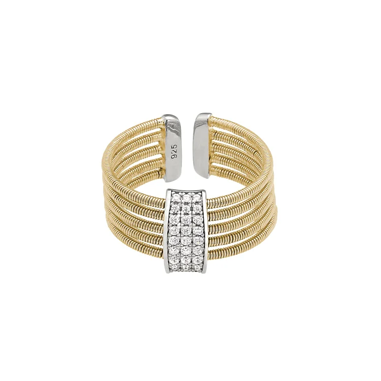 AngelRings-Gold Finish Sterling Silver Multi Cable Cuff Ring with Rhodium Finish Simulated Diamond Three Rows