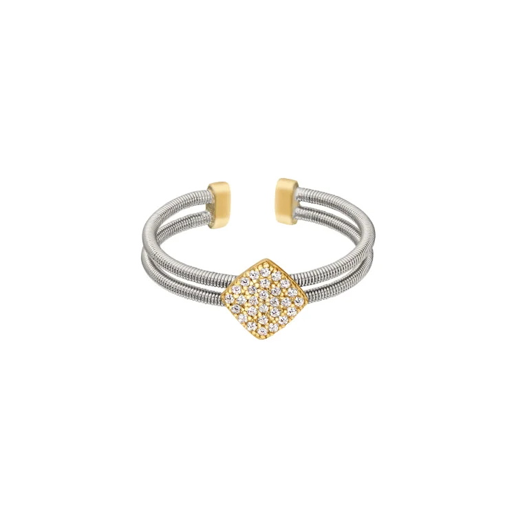 CoralRings-Rhodium Finish Sterling Silver Two Cable Cuff Ring with Gold Finish Simulated Diamond Large Diamond Shape