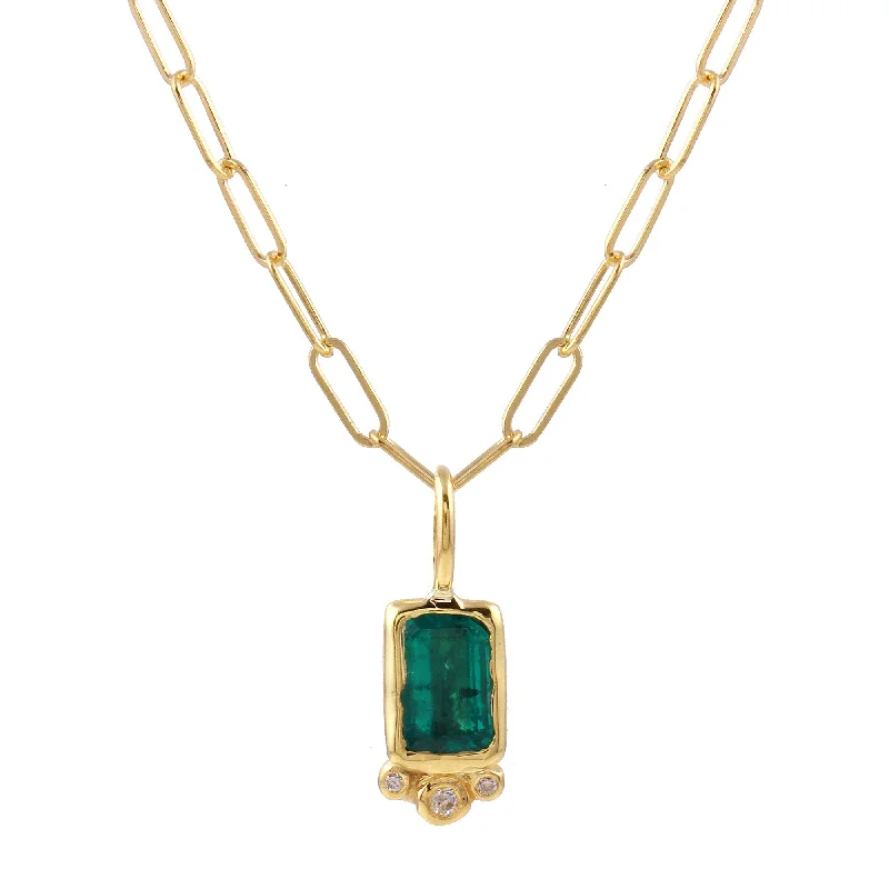 Thick Gold Necklaces for Men-Rectangle Emerald & Diamond Necklace