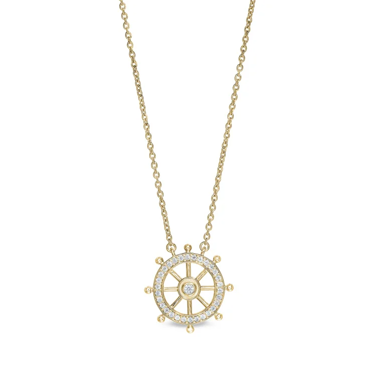 Gold Necklaces with Pearls-Gold Finish Sterling Silver Micropave Ship's Wheel Necklace with Simulated Diamonds on 16" - 18" Adjustable Chain