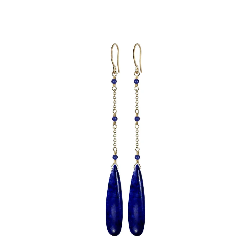 Circle Earrings-Artistic Hoop Earrings-10K Gold Lapis Chain Drop Earrings