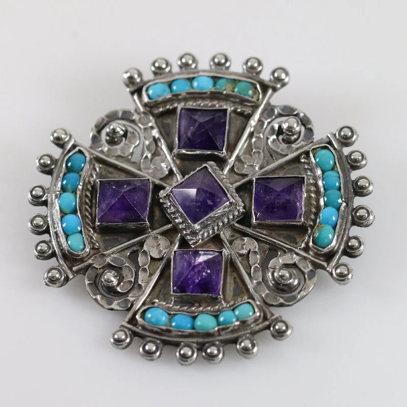 Silver flower brooch-Vintage MATL Amethyst Turquoise Coral Brooch | Ricardo Salas Sterling Silver Pin Mexico