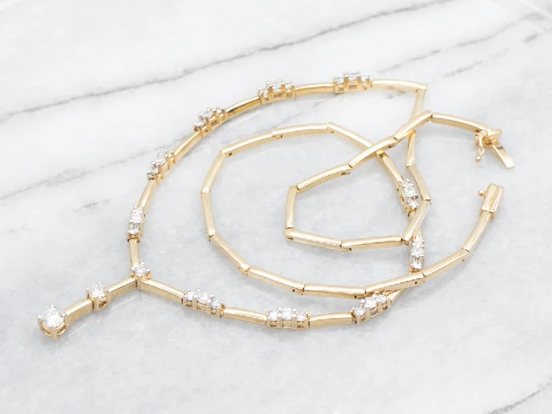 Rose Quartz Necklaces-Sleek Gold Bar-Link Diamond Drop Necklace