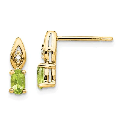 Trendy Gold Earrings-Simple Drop Earrings-14k Yellow Gold Oval Peridot & Diamond Earrings