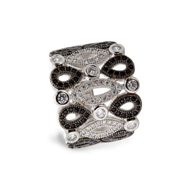 MotherhoodRings-Platinum & Black Rhodium Finish Sterling Silver Micropave Art Deco Ring with 136 Simulated Diamonds