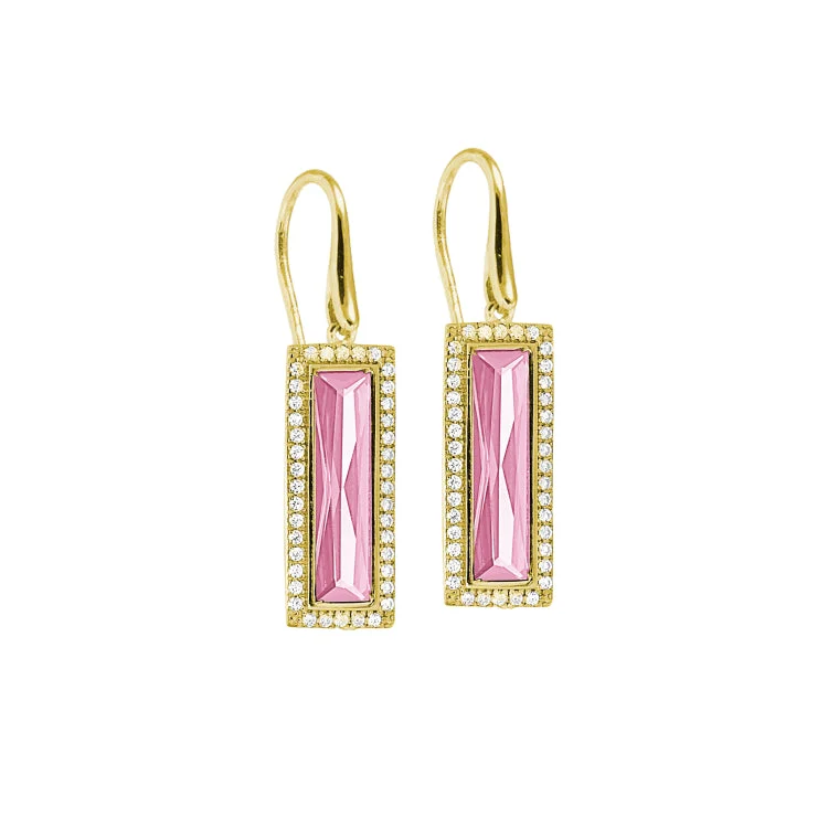 Chic Earrings-Pearly Stud Earrings-Gold Finish Sterling Silver Earrings with Rectangular Simulated Pink Sapphire Stones and Simulated Diamonds