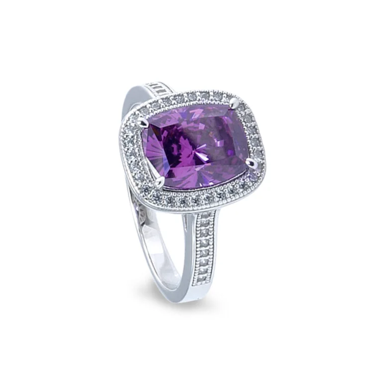 FamilyRings-Platinum Finish Sterling Silver Micropave Ring with Simulated Amethyst and Simulated Diamonds