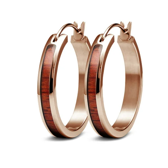 Square Earrings-Green Earrings for St. Patrick’s-Koa Wood Hoop Earrings in Rose Gold Finish