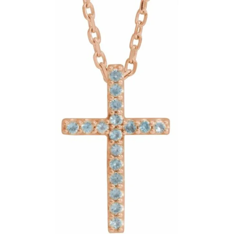 Pearls and Diamonds Necklaces-14K Rose Natural Swiss Blue Topaz Petite Cross 16" Necklace